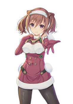 1girl absurdres alice_gear_aegis black_pantyhose breasts brown_hair commentary_request cowboy_shot dress gloves hand_on_own_chest highres kimikage_yui looking_at_viewer medium_breasts pantyhose pom_pom_(clothes) purple_eyes red_dress red_gloves santa_costume santa_dress simple_background sleeveless sleeveless_dress solo twintails twintails_with_hair_base white_background yashin_(yasinz)