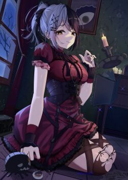 1girl absurdres black_corset black_hair book candle candlestand closed_mouth corset dress floating grey_hair highres hololive hololive_english indoors levitation mabushimi multicolored_hair official_alternate_costume official_alternate_hairstyle ponytail red_dress shiori_novella shiori_novella_(casual) smile solo split-color_hair two-tone_hair virtual_youtuber window yellow_eyes yorick_(shiori_novella)