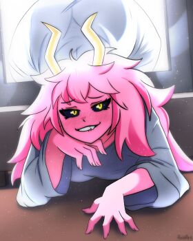 1girl acidart ashido_mina ass biting_own_lip boku_no_hero_academia colored_skin cosplay female_focus horns huge_ass looking_at_viewer pink_hair pink_skin sadako_(cosplay) smile solo teeth the_ring yamamura_sadako yamamura_sadako_(cosplay) yellow_horns