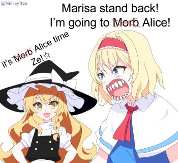 2girls alice_margatroid black_souls black_souls_2 blonde_hair blue_eyes bnelsey commentary english_commentary english_text hat headband highres it's_morbin'_time_(meme) kirisame_marisa marvel meme morbius_(movie) multiple_girls open_mouth parody red_headband sharp_teeth signature sony's_spider-man_universe spider-man_(series) teeth touhou witch_hat yellow_eyes you're_doing_it_wrong ze_(phrase)
