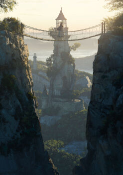 1girl absurdres bridge commentary_request from_behind gyoukan_(jfxc) hat highres long_hair original outdoors rope_bridge scenery sky solo standing straight_hair tower tree