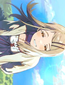 1girl blonde_hair blue_sky blurry blurry_background blush breasts camisole cloud collarbone colored_eyelashes depth_of_field earrings floating_hair gakuen_idolmaster grass grey_robe grin hair_ornament hairclip half-closed_eyes highres idolmaster jewelry lens_flare long_hair looking_at_viewer open_clothes open_mouth open_robe orange_eyes outdoors parallel_hairclips red_ribbon ribbon robe shinosawa_hiro sideways sky small_breasts smile solo stud_earrings swept_bangs tomiyu_(montaroo0622) upper_body white_camisole wind