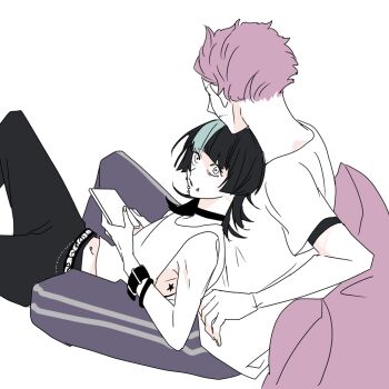 1boy 1girl androgynous black_hair black_pants bracelet casual cheek_piercing face_piercing facial_hair green_hair hakari_kinji hoshi_kirara jewelry jujutsu_kaisen lip_piercing lying_on_another male_to_female medium_hair mustache_stubble open_mouth pants piercing pillow purple_hair shirt short_hair simple_background star_(symbol) star_tattoo stubble tattoo track_pants transgender white_background white_shirt yuz46