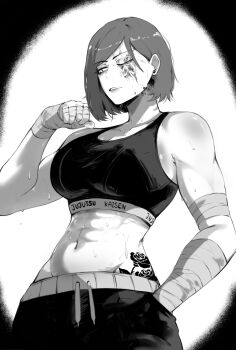 1girl absurdres bandaged_arm bandaged_hand bandages breasts cleavage collarbone cowboy_shot earrings flexing greyscale hand_in_pocket highres jewelry jujutsu_kaisen kugisaki_nobara large_breasts masoq midriff monochrome navel one_eye_closed short_hair simple_background solo stomach sweat sweatdrop toned