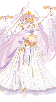 1girl absurdres barefoot bell breasts bridal_gauntlets chinese_commentary closed_eyes commentary_request commission crop_top elf elysia_(herrscher_of_human:_ego)_(honkai_impact) elysia_(honkai_impact) feet highres honkai_(series) honkai_impact_3rd large_breasts long_hair midriff mouth_veil navel pink_hair pointy_ears simple_background skirt solo veil very_long_hair white_background white_skirt white_veil yu_diandian