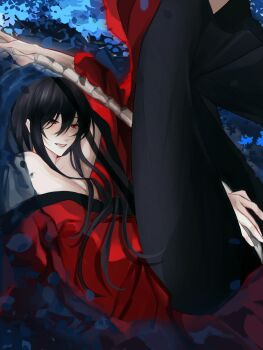 1boy bare_shoulders between_legs black_hair black_hanfu blue_flower bone chinese_clothes chinese_commentary coat coat_partially_removed dao_gui_yi_xian flower grass hair_between_eyes hair_down hanfu highres holding holding_bone holding_skeleton holding_sword holding_weapon implied_yaoi leaf li_huowang long_hair looking_at_viewer lying male_focus off_shoulder on_side parted_lips partially_submerged petals red_coat red_eyes robe skeleton smile solo spine spine_sword sword toulanbuchengfanbeicaodehanxin water weapon