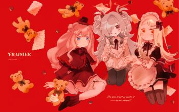 3girls alternate_costume apron back_bow belt black_dress black_hat black_pantyhose black_shoes black_thighhighs blonde_hair blue_archive blue_eyes blunt_bangs blush bow bowtie braid brown_bow brown_bowtie brown_capelet brown_dress brown_eyes brown_leg_warmers brown_ribbon bun_with_braided_base cake cake_slice candy capelet chocolate chocolate_heart closed_mouth collared_dress collared_shirt commentary_request contrast_collar crossover double_bun dress dress_shirt enmaided flipped_hair food frilled_apron frilled_capelet frilled_dress frills gakuen_idolmaster grey_hair grey_halo hair_bobbles hair_bow hair_bun hair_ornament hair_over_one_eye hairclip halo happy_mille-feuille_(idolmaster) hat heart heart-shaped_food heart_apron highres hikagami_hinami idolmaster juliet_sleeves kanoe_(blue_archive) leg_warmers long_hair long_sleeves looking_at_viewer maid maid_apron maid_headdress mini_hat mojyo multiple_girls neck_ribbon nijisanji one_eye_covered orange_eyes pantyhose paper parallel_hairclips parted_lips pinafore_dress pink_hair plaid_bow plaid_bowtie plaid_clothes plaid_ribbon plate puffy_sleeves red_background ribbon shinosawa_hiro shirt shoes short_dress sitting sleeveless sleeveless_dress smile strawberry_shortcake stuffed_animal stuffed_toy suo_sango teddy_bear thighhighs two_side_up very_long_hair virtual_youtuber wariza white_apron white_headdress white_shirt wrist_cuffs yokozuwari