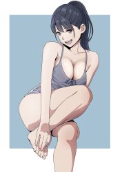 Rule 34 | 1girl, absurdres, barefoot, black hair, breasts, cleavage, collarbone, commentary request, feet, grey eyes, grey one-piece swimsuit, hide12862152, highres, large breasts, long hair, looking at viewer, one-piece swimsuit, open mouth, original, ponytail, simple background, sitting, solo, swimsuit, teeth, tongue