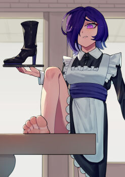 Rule 34 | 1girl, absurdres, barefoot, blue hair, boots, feet, hair over one eye, highres, looking at viewer, maid, medium hair, parted lips, promeia (zenless zone zero), purple eyes, shoes, single boot, single shoe, soles, toes, tray, unworn boots, unworn shoes, yishudouzi, zenless zone zero