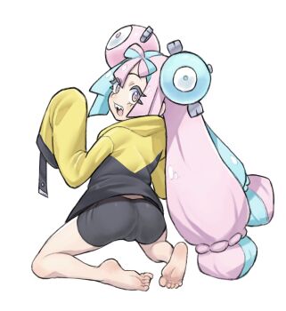 1girl :d absurdres ass bare_shoulders bike_shorts black_shorts bow-shaped_hair character_hair_ornament commentary feet flat_ass from_behind full_body gen_1_pokemon grimmelsdathird hair_ornament highres iono_(pokemon) jacket kneeling long_hair looking_at_viewer looking_back magnemite multicolored_hair nintendo open_mouth oversized_clothes petite pink_hair pokemon pokemon_scarlet_and_violet sharp_teeth shorts sleeves_past_fingers sleeves_past_wrists smile soles solo split-color_hair teeth toes two-tone_hair untranslatable_commentary yellow_jacket