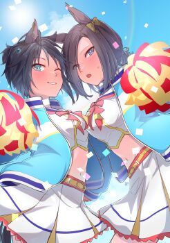 Rule 34 | 2girls, absurdres, air groove (umamusume), animal ears, belt, black hair, blue eyes, blue jacket, blue sky, blush, bow, breast press, breasts, brown hair, commentary request, confetti, cosplay, day, ear bow, ear chain, ear piercing, fuji kiseki (umamusume), green eyes, hair between eyes, highres, holding, holding pom poms, horse ears, horse girl, horse tail, jacket, layered skirt, linked piercing, long sleeves, looking at viewer, medium breasts, midriff, multicolored hair, multiple girls, navel, nice nature (run&amp;win) (umamusume), nice nature (umamusume), nice nature (umamusume) (cosplay), one eye closed, open clothes, open jacket, open mouth, outdoors, piercing, pom pom (cheerleading), pom poms, rainbow, sailor collar, shirt, short hair, skirt, sky, small breasts, smile, sweat, sweatdrop, symmetrical docking, tail, teeth, umamusume, white hair, white shirt, white skirt, yellow bow, zhu (nitamagr)