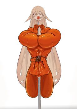 1girl all_the_way_through apple apple_gag arms_behind_back blonde_hair bound bound_arms breasts cannibalism character_request corpse death feet food food_gag fruit gag gagged guro huge_breasts impaled john0819 long_hair meat_juice restrained sagging_breasts severed_hand shiny_skin simple_background solo thick_thighs thighs upside-down wet white_background yellow_eyes