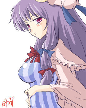 Rule 34 | 1girl, :o, blush, bow, bowtie, breasts, capelet, cardigan, covered erect nipples, dress, female focus, frills, front ponytail, hair bow, hands on own stomach, hat, head tilt, highres, impossible clothes, impossible dress, large breasts, long hair, looking at viewer, patchouli knowledge, pink eyes, purple eyes, purple hair, shiny clothes, simple background, solo, striped, touhou, upper body, very long hair, white background, wide sleeves, yuro (yuroaoj)