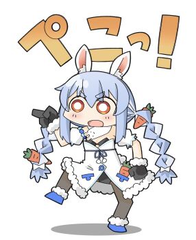 1girl and_takashi animal_ear_fluff animal_ears black_gloves black_pantyhose blue_shoes blush bow braid bright_pupils carrot_hair_ornament carrot_in_pocket chibi chibi_only commentary_request detached_sleeves don-chan_(usada_pekora) dress food-themed_hair_ornament full_body fur-trimmed_dress fur-trimmed_gloves fur-trimmed_shoes fur_trim genba_neko_(meme) gloves hair_bow hair_ornament highres hololive leg_up leotard leotard_under_clothes long_hair looking_to_the_side meme multicolored_hair open_mouth pantyhose pointing pointing_to_the_side puffy_short_sleeves puffy_sleeves rabbit_ears rabbit_girl shoes short_sleeves simple_background strapless thick_eyebrows twin_braids usada_pekora usada_pekora_(1st_costume) v-shaped_eyebrows virtual_youtuber white_background white_dress white_pupils
