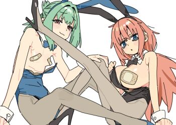 Rule 34 | 1boy, 1girl, animal ears, bags under eyes, bandaid, bandaids on nipples, blue eyes, breasts, brown eyes, crossdressing, crossdressing (mtf), fake animal ears, green hair, imamura ryou, large breasts, long hair, low-tied long hair, low ponytail, male with breasts, medium hair, michinoku komaro, oppai loli, otori tan, pasties, pink hair, playboy bunny, ponytail, rabbit ears, seitokai ni mo ana wa aru!, trap, very long hair, wardrobe malfunction