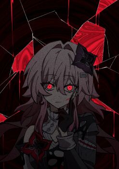 1girl 9tine_lime blood buttons collar commentary crack earrings evernight_(honkai:_star_rail) film_grain flower hair_flower hair_intakes hair_ornament hairclip heavy_film_grain highres honkai:_star_rail honkai_(series) jewelry long_hair looking_at_viewer march_7th_(honkai:_star_rail) parallel_hairclips pink_hair red_eyes single_bare_shoulder single_earring