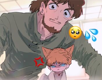 1boy 1girl aged_down anger_vein angry animal_ears beard black_eyes blue_eyes braid brown_hair closed_mouth commentary_request crown_braid dress emoji facial_hair green_shirt indoors kaze_no_tani_no_nausicaa kemonomimi_mode kurotowa kushana looking_at_viewer mustache_stubble parted_lips serizawa_nae shirt short_hair smile stubble toddler upper_body white_dress