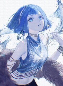 Rule 34 | 1girl, bare shoulders, blue eyes, blunt bangs, blunt ends, bob cut, bracelet, choker, commentary request, earrings, feather boa, grey hair, grey tank top, hair ornament, hand up, highres, jewelry, looking up, mercuria (reverse:1999), midriff, mismatched earrings, navel, parted lips, reverse:1999, short hair, shoulder tattoo, solo, star (symbol), star hair ornament, tank top, tattoo, upper body, water, white background, xjsbca