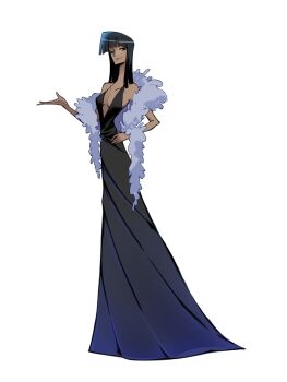 1girl black_dress black_hair blunt_bangs breasts cleavage closed_mouth commentary dress feather_boa full_body guaguapiu hand_on_own_hip highres medium_hair nico_robin one_piece simple_background smile solo spaghetti_strap symbol-only_commentary white_background