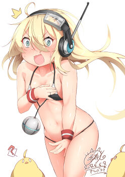 1girl :d @_@ absurdres albacore_(azur_lane) azur_lane between_legs bikini black_bikini blonde_hair blue_eyes blush breasts commentary_request covering_breasts covering_crotch covering_privates embarrassed flustered hair_between_eyes hand_between_legs hand_on_own_chest hand_up headphones highres hip_focus inori_(xyz5568) long_hair looking_at_viewer navel open_mouth scouter small_breasts smile solo standing stomach surprised swimsuit textless_version thighs very_long_hair