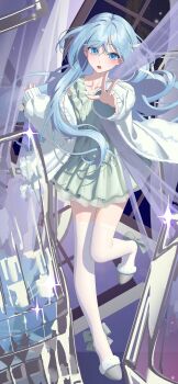 1girl :o absurdres blue_eyes blue_hair blush bow collarbone commentary curtains dress footwear_bow full_body green_dress highres hinomori_shizuku jacket long_hair long_sleeves looking_at_viewer night nightgown open_clothes open_mouth open_window project_sekai reaching reaching_towards_viewer rui_(rei_leyi) slippers solo standing standing_on_one_leg thighhighs white_thighhighs window