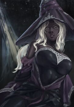 Rule 34 | 1girl, bare shoulders, black dress, black skin, breasts, cleavage, colored eyelashes, colored skin, commentary, dark-skinned female, dark skin, dress, elden ring, elden ring nightreign, english commentary, hat, highres, large breasts, large hat, lips, looking at viewer, nose, parted lips, purple hat, recluse (elden ring), solo, sumii io, white eyelashes, white hair, witch, witch hat
