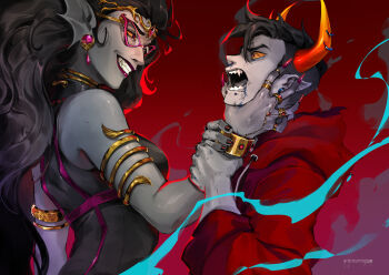 1boy 1girl absurdres armlet artist_name artisticapparition black_hair blood blood_from_mouth blood_on_face blood_on_hands bracelet colored_sclera colored_skin earrings fang fins gold_armlet gold_bracelet gold_tiara grabbing_another's_face grey_skin head_fins head_grab highres hiveswap homestuck hood hoodie horns jewelry long_hair looking_at_another mallek_adalov multiple_rings pink-framed_eyewear pink_lips pink_nails red_hoodie ring sleeveless the_condesce torn_clothes torn_hoodie troll_(homestuck) upper_body yellow_sclera