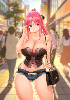 2boys 2girls bag belt black_belt black_ribbon blue_eyes blue_shorts blue_sky blush breasts building butterfly_hair_ornament cleavage collarbone commentary_request day go-toubun_no_hanayome hair_ornament handbag highres kosmos_beta large_breasts long_hair looking_at_viewer midriff multiple_boys multiple_girls multiple_others nakano_nino outdoors people pink_hair ponytail ribbon short_shorts shorts shoulder_bag sky solo_focus standing stomach thighs tree variant_set