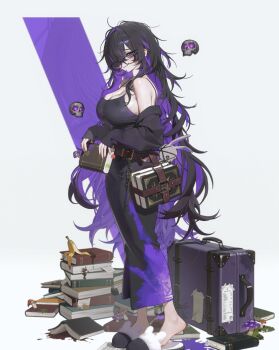 Rule 34 | 1girl, bags under eyes, belt, belt buckle, black-framed eyewear, black dress, black hair, blush, book, breasts, briefcase, brown belt, buckle, character name, cleavage, colored inner hair, commentary, dress, floating skull, full body, goddess of victory: nikke, highres, huge breasts, kurt bestor, label (nikke), large breasts, laughing, long hair, looking at viewer, multicolored hair, official art, pale skin, purple eyes, purple hair, skull, sleeveless, sleeveless dress, solo, taut clothes, taut dress, two-tone hair