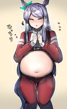 Rule 34 | 1girl, absurdres, animal ears, big belly, blush, commentary request, full stomach, hair ornament, highres, horse ears, horse girl, horse tail, jacket, kanikama25, long hair, long sleeves, looking at viewer, megamac, mejiro mcqueen (umamusume), navel, open mouth, pants, puffy sleeves, purple eyes, purple hair, red jacket, red pants, simple background, speech bubble, sweat, tail, umamusume, very sweaty