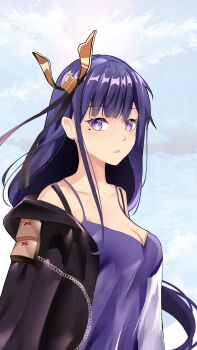 1girl absurdres alternate_costume bare_shoulders blue_sky blunt_bangs breasts cleavage cloud cloudy_sky collarbone commentary english_commentary genshin_impact hair_ornament highres jacket large_breasts long_hair long_sleeves mole mole_under_eye off_shoulder open_clothes open_jacket outdoors parted_lips purple_eyes purple_hair raiden_shogun shogun sky solo upper_body yoshioka_(user_zgdv8288)