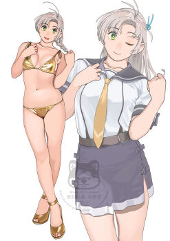 1girl absurdres antenna_hair bikini braid breasts cowboy_shot crossed_legs gold_bikini gold_shoes green_eyes grey_hair highres kantai_collection kinugasa_(kancolle) kinugasa_kai_ni_(kancolle) long_hair looking_at_viewer medium_breasts multiple_views neckerchief ojipon one_eye_closed purple_sailor_collar purple_skirt sailor_collar sailor_shirt school_uniform serafuku shirt shoes simple_background single_braid skirt swimsuit watermark white_background white_shirt yellow_neckerchief