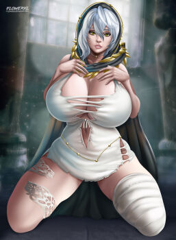 1girl absurdres breasts cape cleavage code_vein dress female_focus flowerxl game_console hands_on_own_chest highres io_(code_vein) kneeling large_breasts looking_at_viewer playstation_4 short_hair sitting_on_soles solo sony thighhighs white_dress