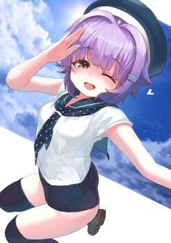 1girl absurdres blue_sky breasts brown_eyes hat highres idolmaster idolmaster_cinderella_girls kiichirou koshimizu_sachiko looking_at_viewer one-piece_swimsuit one_eye_closed open_mouth purple_hair sailor_collar short_hair sky small_breasts smile solo sun swimsuit swimsuit_under_clothes