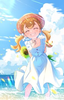 1girl ^_^ absurdres arms_behind_back blue_sky bow braid brown_hair chinstrap closed_eyes cloud collarbone dress facing_viewer feet_out_of_frame flower grin hair_bow hashtag-only_commentary hat highres holding holding_flower inukai_komugi long_hair low_twintails ocean precure rice_rabbit22 sky sleeveless sleeveless_dress smile solo standing straw_hat sundress sunflower sunlight twintails wading white_bow white_dress wonderful_precure!