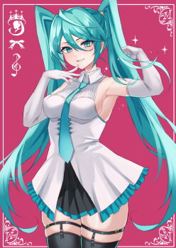 1girl aqua_eyes aqua_hair aqua_necktie aqua_trim black_skirt black_thighhighs blush breasts collared_shirt commentary elbow_gloves english_commentary garter_belt garter_straps gloves hair_between_eyes hatsune_miku highres inue_ao leotard long_hair looking_at_viewer medium_breasts necktie parted_lips pleated_skirt shirt sideboob skirt smile solo thick_thighs thighhighs thighs twintails very_long_hair vocaloid white_shirt