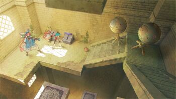 1boy 2girls back_bow battle blonde_hair blue_hair blue_headwear blue_robe boots bow braid brick_wall brown_footwear cannon carrying_over_shoulder copyright_request day dress dungeon elbow_gloves fighting_stance from_above gloves grey_shorts hands_up hat holding holding_sword holding_weapon indoors legs_apart long_hair long_sleeves mole_(animal) multiple_girls pants plant ponytail puffy_pants red_dress red_scarf robe robot running_bond scarf shadow short_hair shorts spiked_hair switch sword twin_braids twintails two-handed very_long_hair vines weapon white_gloves white_pants wide_sleeves window window_shadow zhuzi