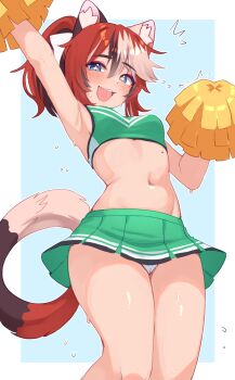 1girl absurdres animal_ears arm_up armpits blue_background blue_eyes border breasts brown_streaks cameltoe cat_ears cat_girl cat_tail cheerleader commentary cowboy_shot english_commentary green_skirt green_sports_bra highres miniskirt mole mole_on_stomach multicolored_hair navel nyaivie original outside_border panties pantyshot pom_pom_(cheerleading) ponytail red_hair simple_background skirt small_breasts solo sports_bra star-shaped_pupils star_(symbol) streaked_hair sweat symbol-shaped_pupils tail underwear white_border white_panties white_streaks