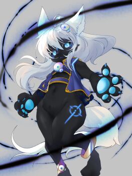 1girl ahoge alice_(ookami_hime_monogatari) alternate_form animal_ear_fluff animal_ears animal_hands animal_nose anklet aura black_fur black_sclera blue_eyes blue_vest body_fur bottomless claws colored_sclera dark_aura digitigrade floating full_body furry furry_female grey_background groin hair_ornament highres jewelry leg_tattoo levitation long_hair navel ookami_hime_monogatari pawpads simple_background solo tail tattoo thighs toba_hiyoko vest white_hair