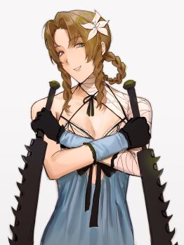 Rule 34 | 1girl, aerith gainsborough, bandaged arm, bandaged neck, bandages, black gloves, blue dress, blue negligee, blue sleeves, braid, braided hair rings, breasts, cleavage, commentary, cosplay, detached sleeves, dress, dual wielding, english commentary, final fantasy, final fantasy vii, final fantasy vii: ever crisis, flower, gloves, green eyes, grey background, hair flower, hair ornament, hair rings, hel 6, highres, holding, holding sword, holding weapon, kaine (nier), kaine (nier) (cosplay), looking at viewer, medium breasts, nier (series), official alternate costume, parted bangs, sidelocks, simple background, single bare shoulder, solo, sword, upper body, weapon, white flower