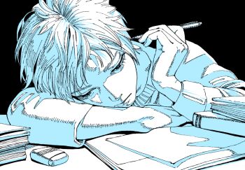 Rule 34 | 1boy, commentary request, eraser, expressionless, head rest, holding, holding pen, kingrun, male focus, monochrome, original, pen, simple background, solo, sweater, upper body