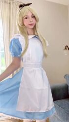 1girl alice_(alice_in_wonderland) alice_(alice_in_wonderland)_(cosplay) alice's_adventures_in_wonderland animated apron arm_tattoo ass black_hairband black_panties blonde_hair blue_dress breasts cosplay curtains disney dress hairband highres huge_filesize indoors jewelry long_hair looking_at_viewer miamiaxof narrow_waist navel necklace nipples panties panty_pull petite photo_(medium) pussy pussy_peek real_life small_breasts standing tagme tattoo teasing thighhighs thong underwear video white_apron white_thighhighs wide_hips window