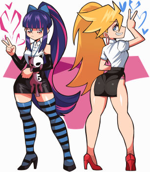 2girls absurdres arms_up ass ass_focus bare_shoulders black_skirt blonde_hair blue_eyes blunt_bangs blush_stickers bow collared_shirt commentary earrings english_commentary facing_away facing_viewer front_and_back hair_between_eyes hair_bow heart high_heels highres hoop_earrings jewelry legs legs_apart looking_at_viewer mg991998 multicolored_hair multiple_girls narrow_waist panties panties_visible_through_clothes panty_&amp;_stocking_with_garterbelt panty_(psg) ponytail shirt simple_background skirt smile stocking_(psg) striped_clothes striped_leggings striped_thighhighs stuffed_animal stuffed_cat stuffed_toy teeth thighhighs underwear v white_shirt