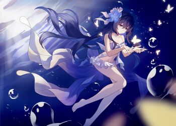 1girl absurdres air_bubble bare_arms bare_legs bare_shoulders barefoot bikini bikini_skirt blue_background blue_eyes blue_flower blue_hair bow bow_bikini breasts bubble bug butterfly chinese_commentary cleavage closed_mouth collarbone commentary_request double-parted_bangs dutch_angle floating_hair flower frilled_bikini frills full_body grey_pupils hair_between_eyes hair_flower hair_ornament hands_up highres honkai_(series) honkai_impact_3rd insect knee_up kun_kun light_rays light_smile long_hair looking_ahead looking_at_animal medium_breasts navel ocean official_alternate_costume open_hands plantar_flexion seele_vollerei seele_vollerei_(summer_2023) solo split_mouth stomach swimsuit underwater very_long_hair white_bikini white_bow white_butterfly