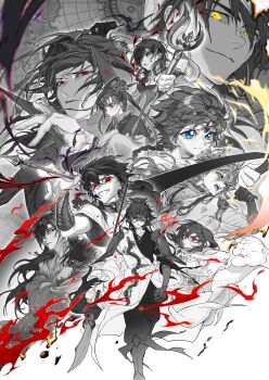 3girls 6+boys absurdres aladdin_(magi) alibaba_saluja armlet armor black_eyes blue_eyes bracer braid braided_hair_rings brother_and_sister brothers chinese_clothes chinese_hairpin cousins djinn_equip dress earrings facial_mark feixianji_(hairstyle) fire floating_hair forehead_jewel forehead_mark frown greyscale hair_rings hanfu heterochromia highres holding holding_polearm holding_staff holding_wand holding_weapon hoop_earrings jewelry judal long_hair magi_the_labyrinth_of_magic monochrome morgiana mother_and_son multiple_boys multiple_girls necklace pauldrons pink_eyes polearm prosthesis prosthetic_arm qing727786 red_eyes ren_gyokuen ren_hakuryuu ren_kouen ren_kougyoku ren_koumei scar scar_on_face shoulder_armor siblings sinbad_(magi) single_braid smile spot_color staff twin_braids wand weapon xiao_guan_(headdress) yellow_eyes