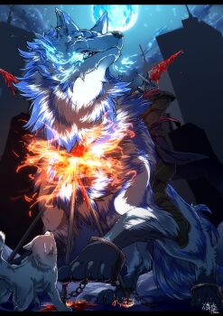 1other animal blue_moon blue_sky dog fate/grand_order fate_(series) fire full_moon headless highres lobo_(fate) moon night ohayou_milk oversized_animal sky solo wolf
