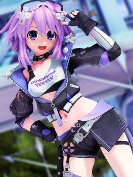 1girl 3d black_gloves black_jacket black_shorts commentary cosplay d-pad d-pad_hair_ornament english_commentary eyewear_on_head fingerless_gloves fur-trimmed_jacket fur_trim gloves goggles goggles_on_head gradient-tinted_eyewear hair_ornament highres honkai:_star_rail honkai_(series) jacket lrvtledl navel neptune_(neptunia) neptune_(series) open_mouth purple-tinted_eyewear purple_eyes purple_hair shirt short_hair shorts sidelocks silver_wolf_(honkai:_star_rail) silver_wolf_(honkai:_star_rail)_(cosplay) single-shoulder_shirt solo tinted_eyewear