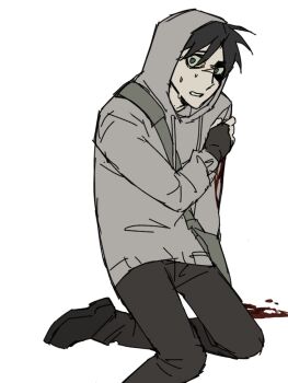 bag black_gloves bleeding blood blood_on_clothes brotherhon56337 cry_of_fear fingerless_gloves gloves grey_hoodie hand_on_own_shoulder highres hood hood_up hoodie kneeling looking_at_viewer self-harm shoulder_bag simon_henriksson surprised wide-eyed wrist_cutting