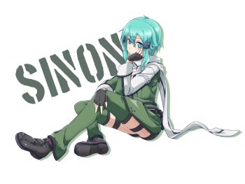 1girl :| ankle_boots aqua_eyes aqua_hair arm_on_own_leg asagi501 belt belt_pouch black_belt black_boots black_gloves black_shorts black_trim boots character_name closed_mouth commentary_request cropped_jacket detached_pants double-parted_bangs drop_shadow fingerless_gloves full_body gloves grey_jacket grey_pants hair_between_eyes hair_ornament hairclip hand_on_own_knee hand_up head_on_hand high_heel_boots high_heels hips_in_air jacket long_sleeves looking_at_viewer medium_hair messy_hair multicolored_jacket open_clothes open_jacket pants pouch scarf short_shorts shorts sidelocks simple_background sinon sitting solo split_mouth sword_art_online tassets thigh_strap two-tone_jacket white_background white_jacket white_scarf