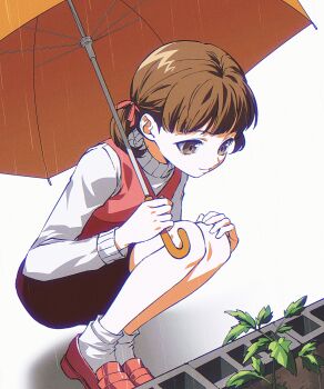 1girl absurdres ako_(eanaaati1) brown_eyes brown_hair child chinese_commentary cinder_block closed_mouth commentary_request doujima_nanako dress full_body hair_ribbon hand_on_own_knee highres holding holding_umbrella long_sleeves looking_down persona persona_4 pink_dress pink_ribbon plant rain red_dress ribbon short_hair short_twintails simple_background smile socks solo squatting sweater twintails umbrella white_background white_socks white_sweater yellow_umbrella